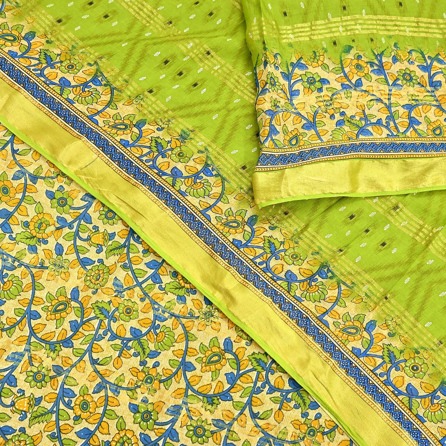Indian Vintage Green & Beige Sarees Pure Cotton Printed Sari 5yd Sewing Craft Fabric DressMaking Soft Crafting Quilting Upcycle