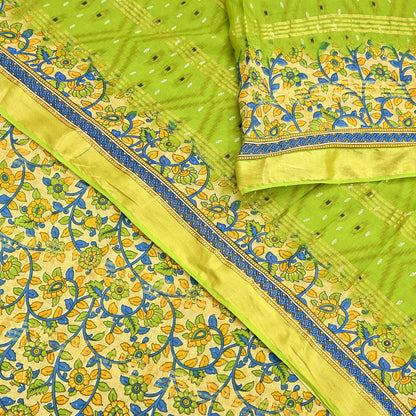 Indian Vintage Green & Beige Sarees Pure Cotton Printed Sari 5yd Sewing Craft Fabric DressMaking Soft Crafting Quilting Upcycle