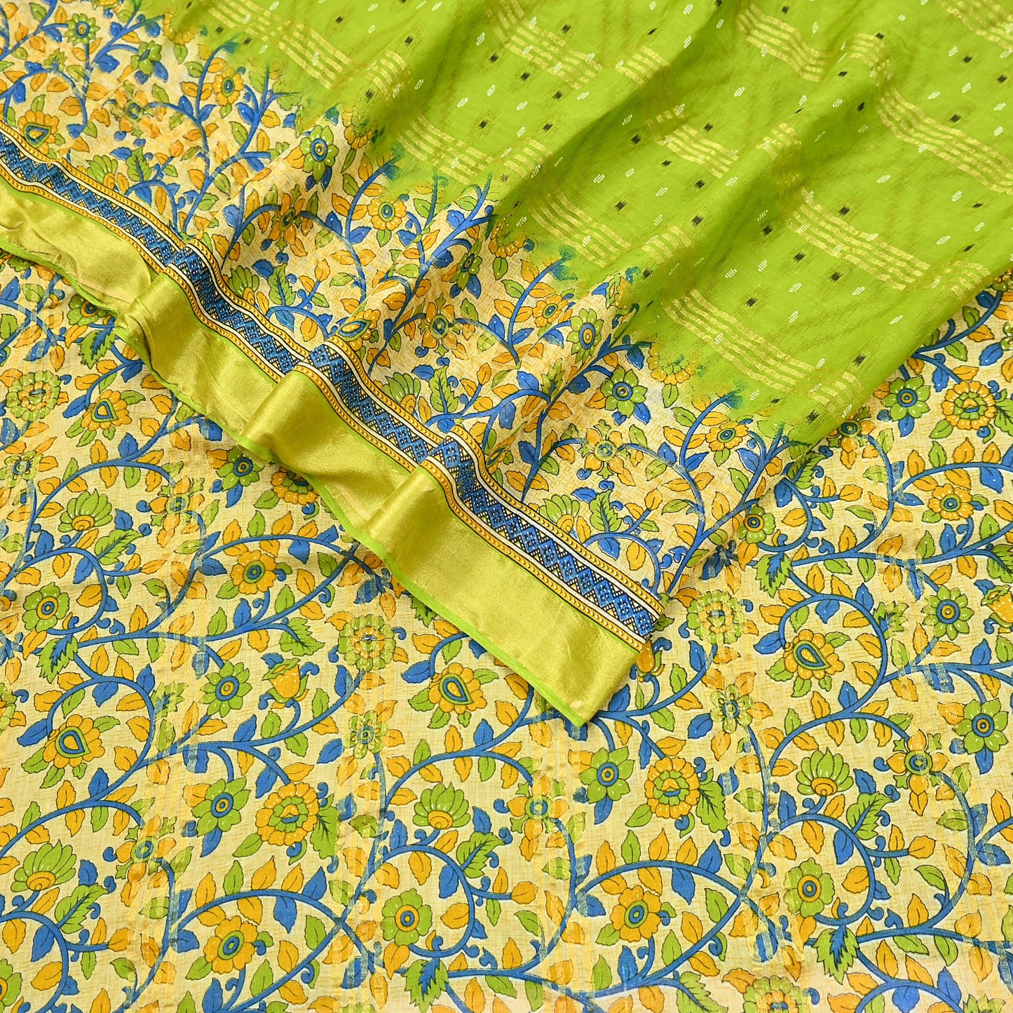 Indian Vintage Green & Beige Sarees Pure Cotton Printed Sari 5yd Sewing Craft Fabric DressMaking Soft Crafting Quilting Upcycle