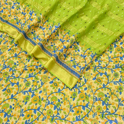 Indian Vintage Green & Beige Sarees Pure Cotton Printed Sari 5yd Sewing Craft Fabric DressMaking Soft Crafting Quilting Upcycle