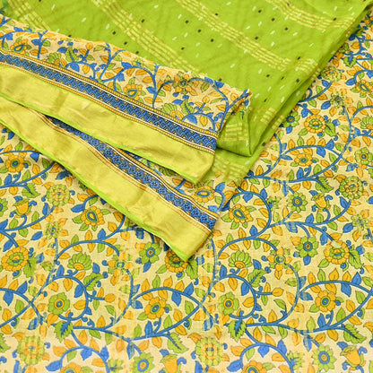 Indian Vintage Green & Beige Sarees Pure Cotton Printed Sari 5yd Sewing Craft Fabric DressMaking Soft Crafting Quilting Upcycle