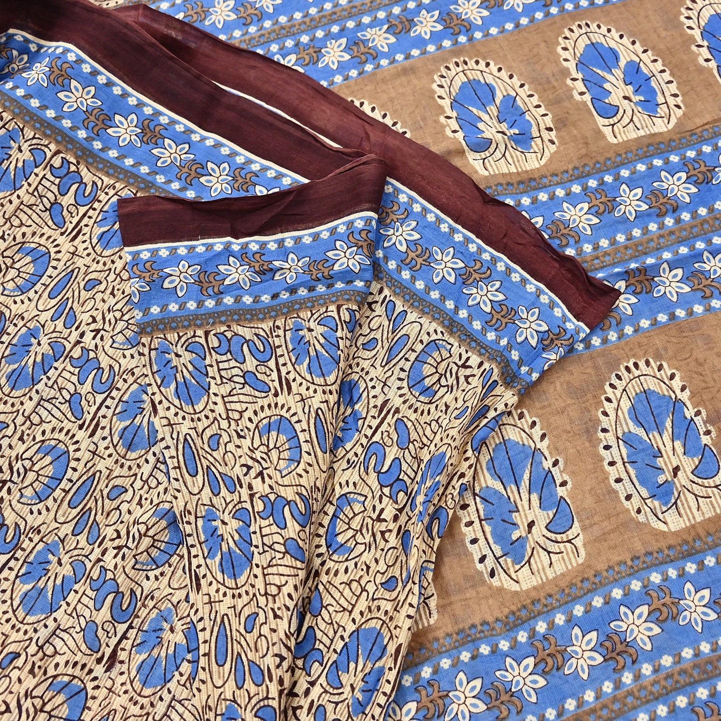 Indian Vintage Sari Beige & Brown Printed 100% Pure Cotton Sarees Craft Fabric 5Yard Sewing Sarong Wrap Boho Dress making Quilting Soft