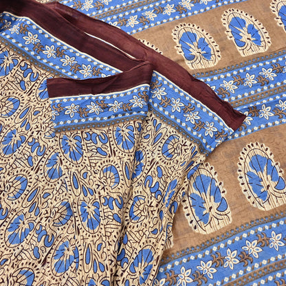 Indian Vintage Sari Beige & Brown Printed 100% Pure Cotton Sarees Craft Fabric 5Yard Sewing Sarong Wrap Boho Dress making Quilting Soft
