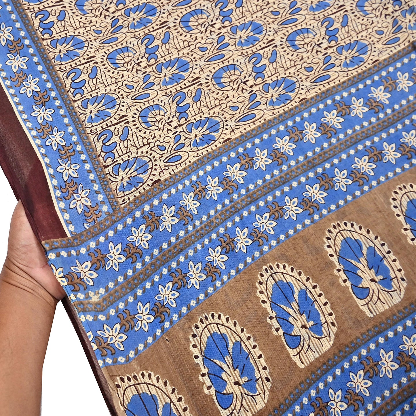 Indian Vintage Sari Beige & Brown Printed 100% Pure Cotton Sarees Craft Fabric 5Yard Sewing Sarong Wrap Boho Dress making Quilting Soft