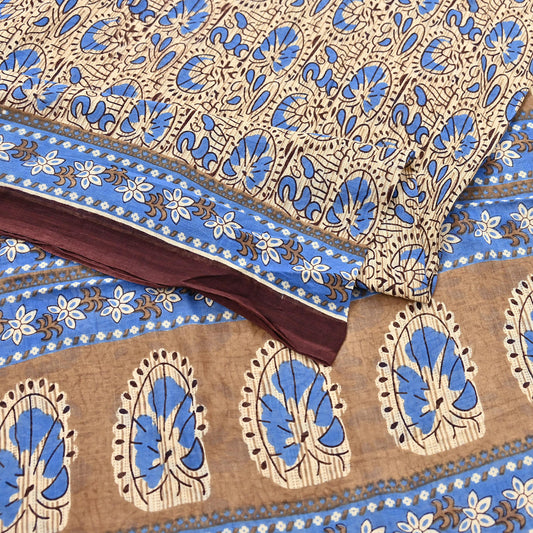 Indian Vintage Sari Beige & Brown Printed 100% Pure Cotton Sarees Craft Fabric 5Yard Sewing Sarong Wrap Boho Dress making Quilting Soft