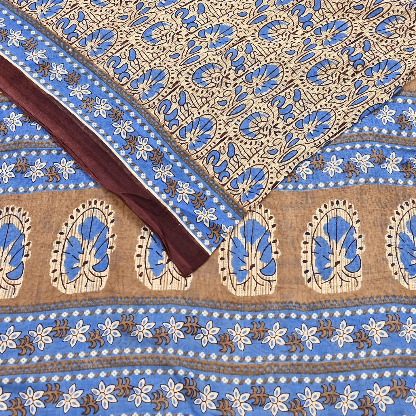 Indian Vintage Sari Beige & Brown Printed 100% Pure Cotton Sarees Craft Fabric 5Yard Sewing Sarong Wrap Boho Dress making Quilting Soft
