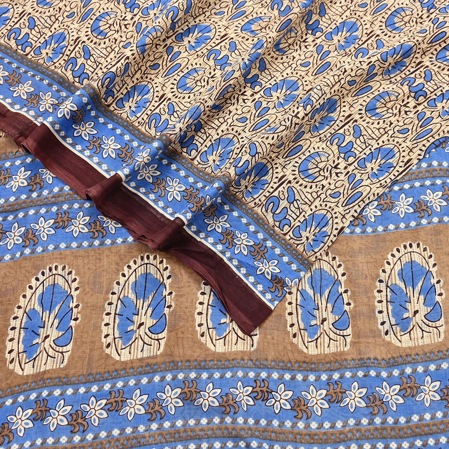Indian Vintage Sari Beige & Brown Printed 100% Pure Cotton Sarees Craft Fabric 5Yard Sewing Sarong Wrap Boho Dress making Quilting Soft