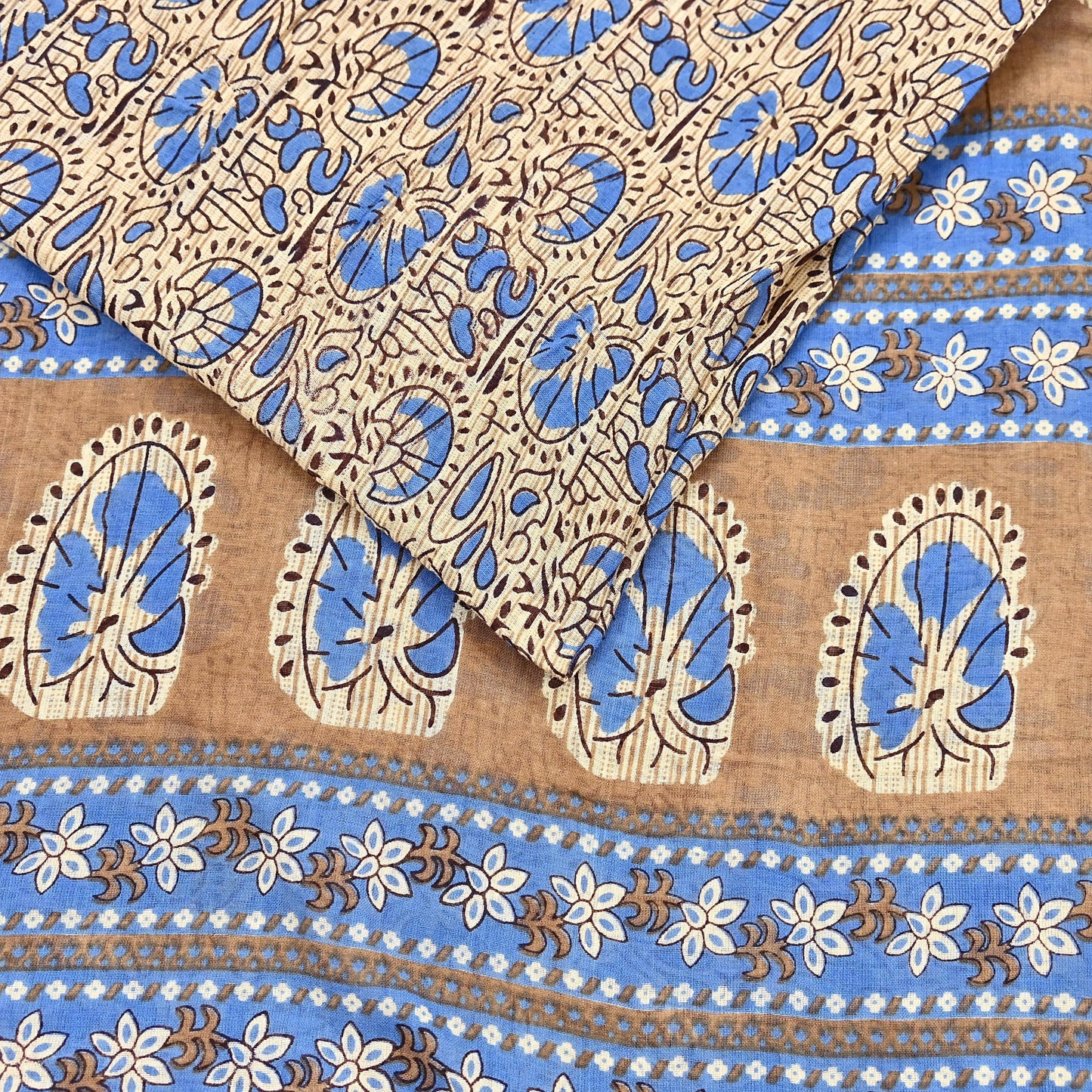 Indian Vintage Sari Beige & Brown Printed 100% Pure Cotton Sarees Craft Fabric 5Yard Sewing Sarong Wrap Boho Dress making Quilting Soft