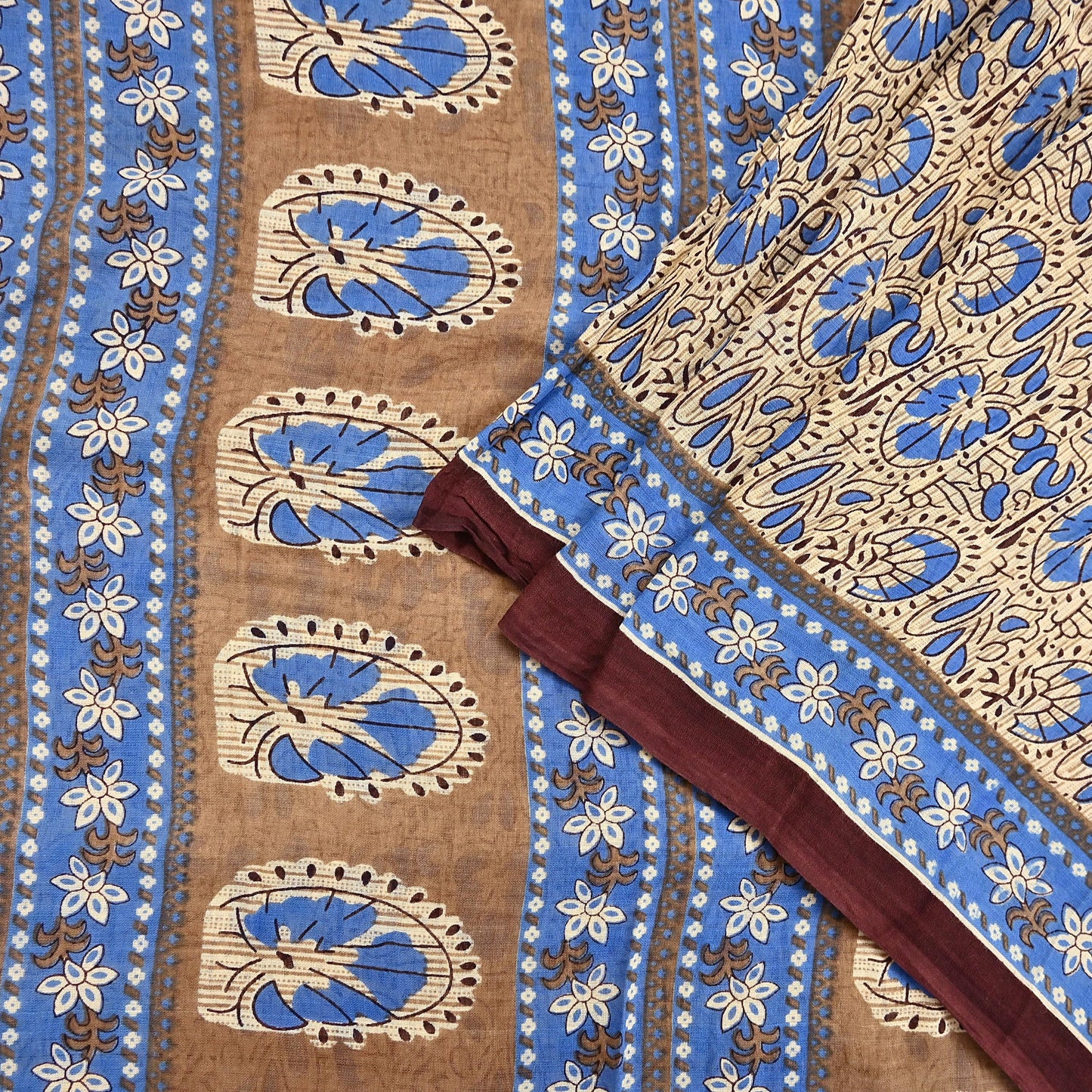 Indian Vintage Sari Beige & Brown Printed 100% Pure Cotton Sarees Craft Fabric 5Yard Sewing Sarong Wrap Boho Dress making Quilting Soft