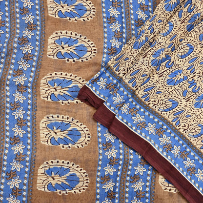 Indian Vintage Sari Beige & Brown Printed 100% Pure Cotton Sarees Craft Fabric 5Yard Sewing Sarong Wrap Boho Dress making Quilting Soft