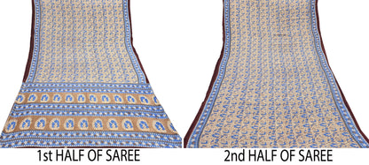 Indian Vintage Sari Beige & Brown Printed 100% Pure Cotton Sarees Craft Fabric 5Yard Sewing Sarong Wrap Boho Dress making Quilting Soft