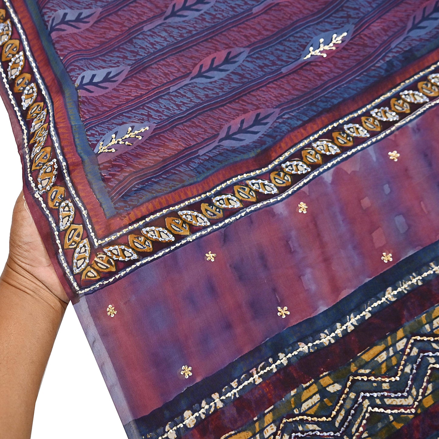 Indian Vintage Sari Hand Embroidered Printed 100% Pure Georgette Silk Saree Craft Fabric 5Yd Ethnic Soft Dress making For Crafting