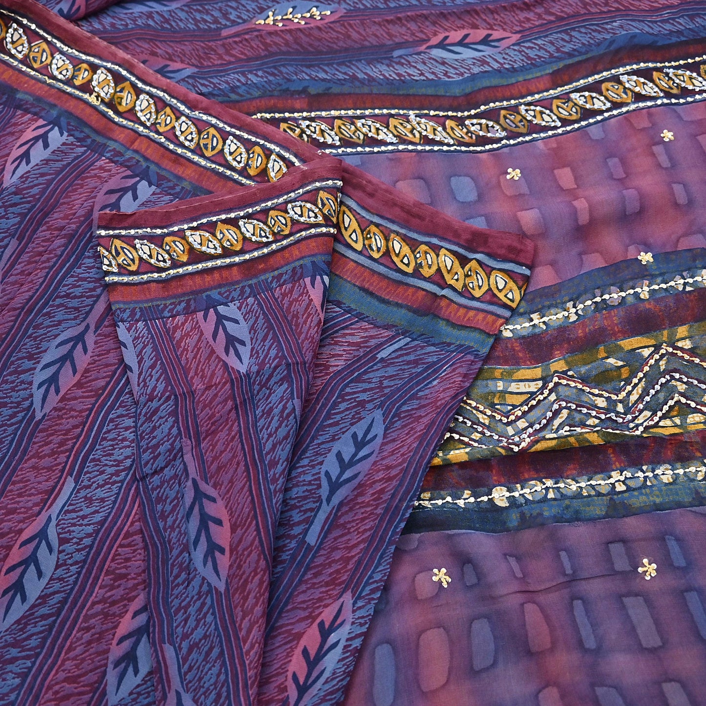 Indian Vintage Sari Hand Embroidered Printed 100% Pure Georgette Silk Saree Craft Fabric 5Yd Ethnic Soft Dress making For Crafting