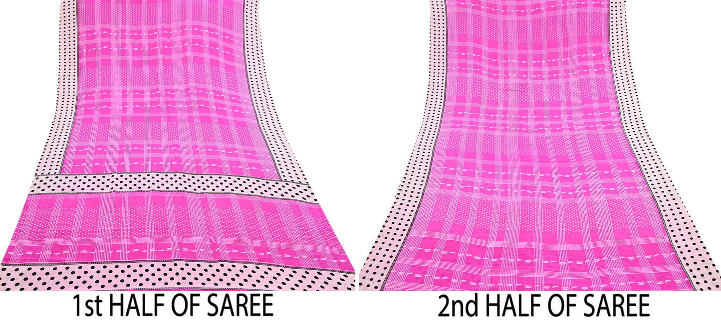 Indian Vintage Sari Ivory & Pink Pure Crepe Silk Printed Saree 5yard Sewing Floral Soft Craft Fabric Wrap Dress making Crafting Quilting
