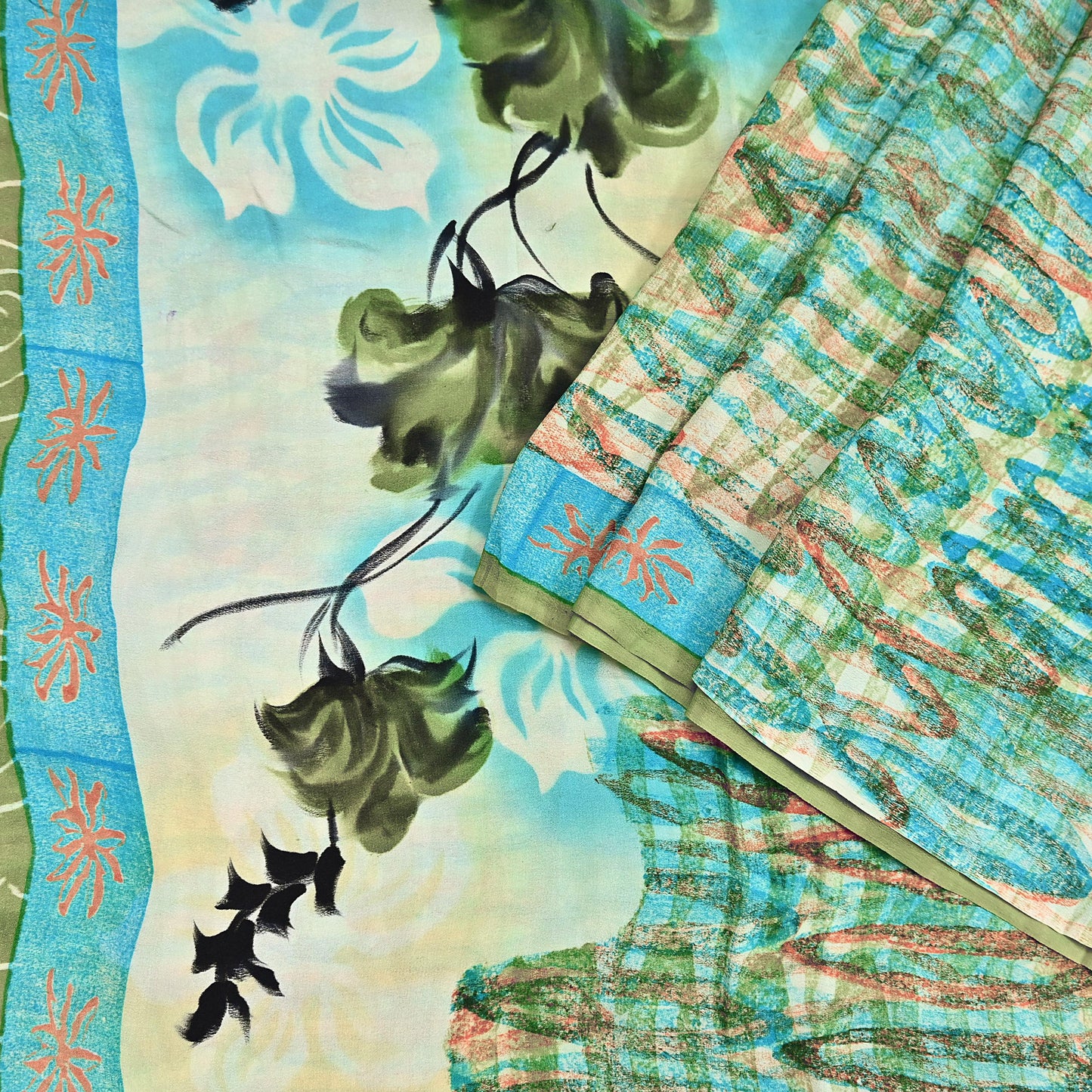 Indian Vintage Sari Green Pure Crepe Silk Block Printed Sarees 5yd Sewing Floral Craft Fabric Wrap Dress Making Crafting Quilting Upcycle