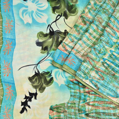 Indian Vintage Sari Green Pure Crepe Silk Block Printed Sarees 5yd Sewing Floral Craft Fabric Wrap Dress Making Crafting Quilting Upcycle