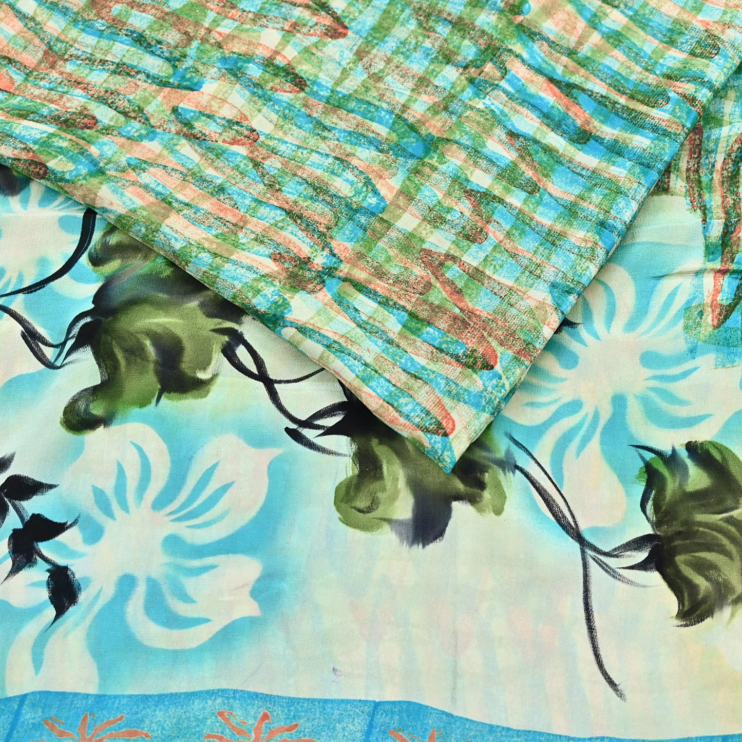 Indian Vintage Sari Green Pure Crepe Silk Block Printed Sarees 5yd Sewing Floral Craft Fabric Wrap Dress Making Crafting Quilting Upcycle