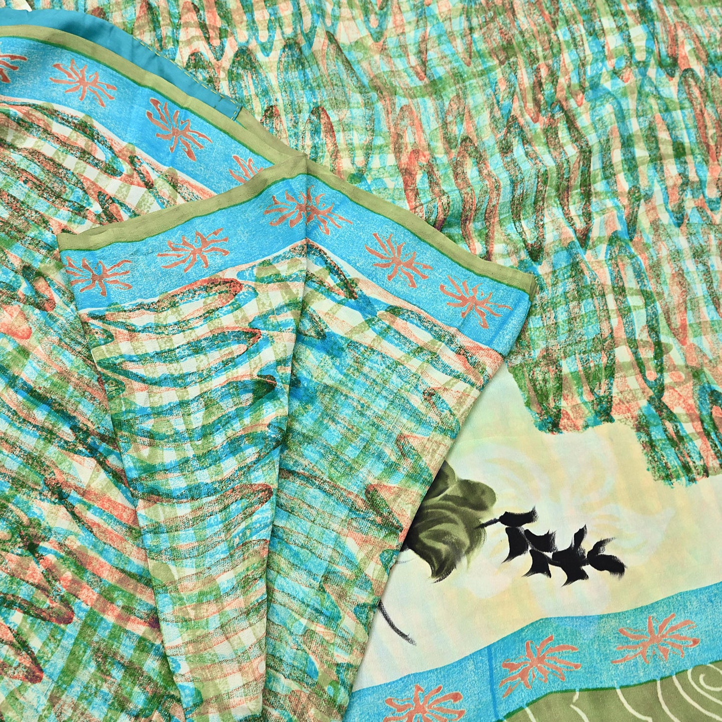 Indian Vintage Sari Green Pure Crepe Silk Block Printed Sarees 5yd Sewing Floral Craft Fabric Wrap Dress Making Crafting Quilting Upcycle