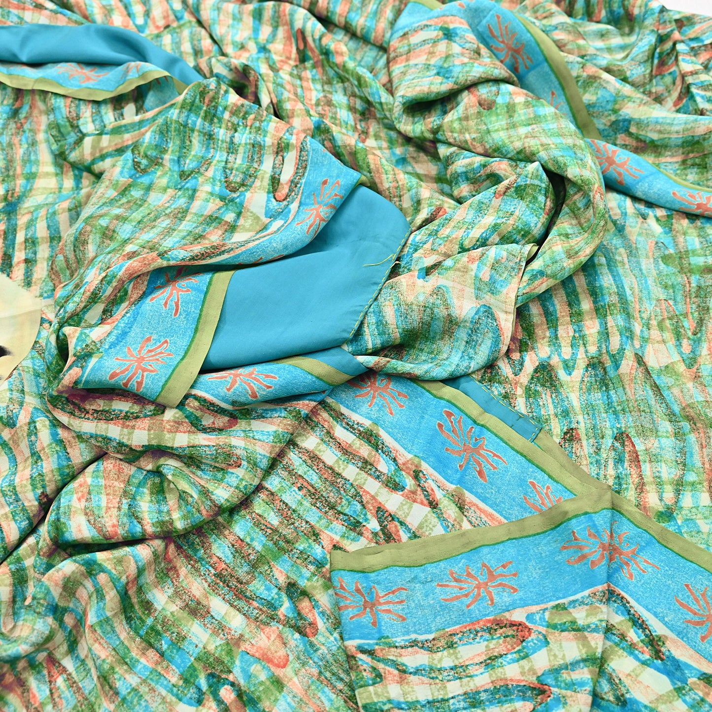 Indian Vintage Sari Green Pure Crepe Silk Block Printed Sarees 5yd Sewing Floral Craft Fabric Wrap Dress Making Crafting Quilting Upcycle