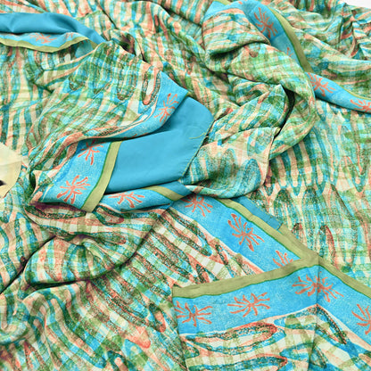 Indian Vintage Sari Green Pure Crepe Silk Block Printed Sarees 5yd Sewing Floral Craft Fabric Wrap Dress Making Crafting Quilting Upcycle