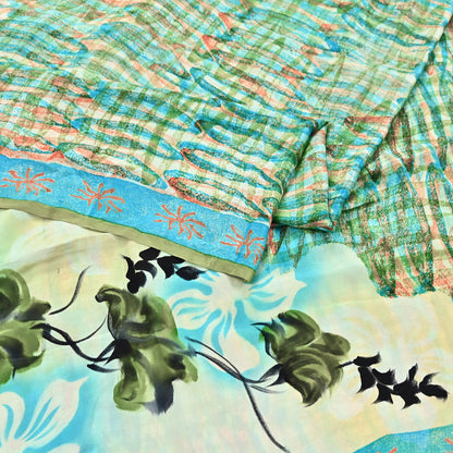 Indian Vintage Sari Green Pure Crepe Silk Block Printed Sarees 5yd Sewing Floral Craft Fabric Wrap Dress Making Crafting Quilting Upcycle