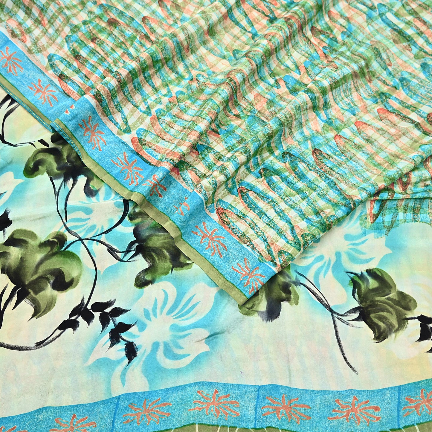 Indian Vintage Sari Green Pure Crepe Silk Block Printed Sarees 5yd Sewing Floral Craft Fabric Wrap Dress Making Crafting Quilting Upcycle