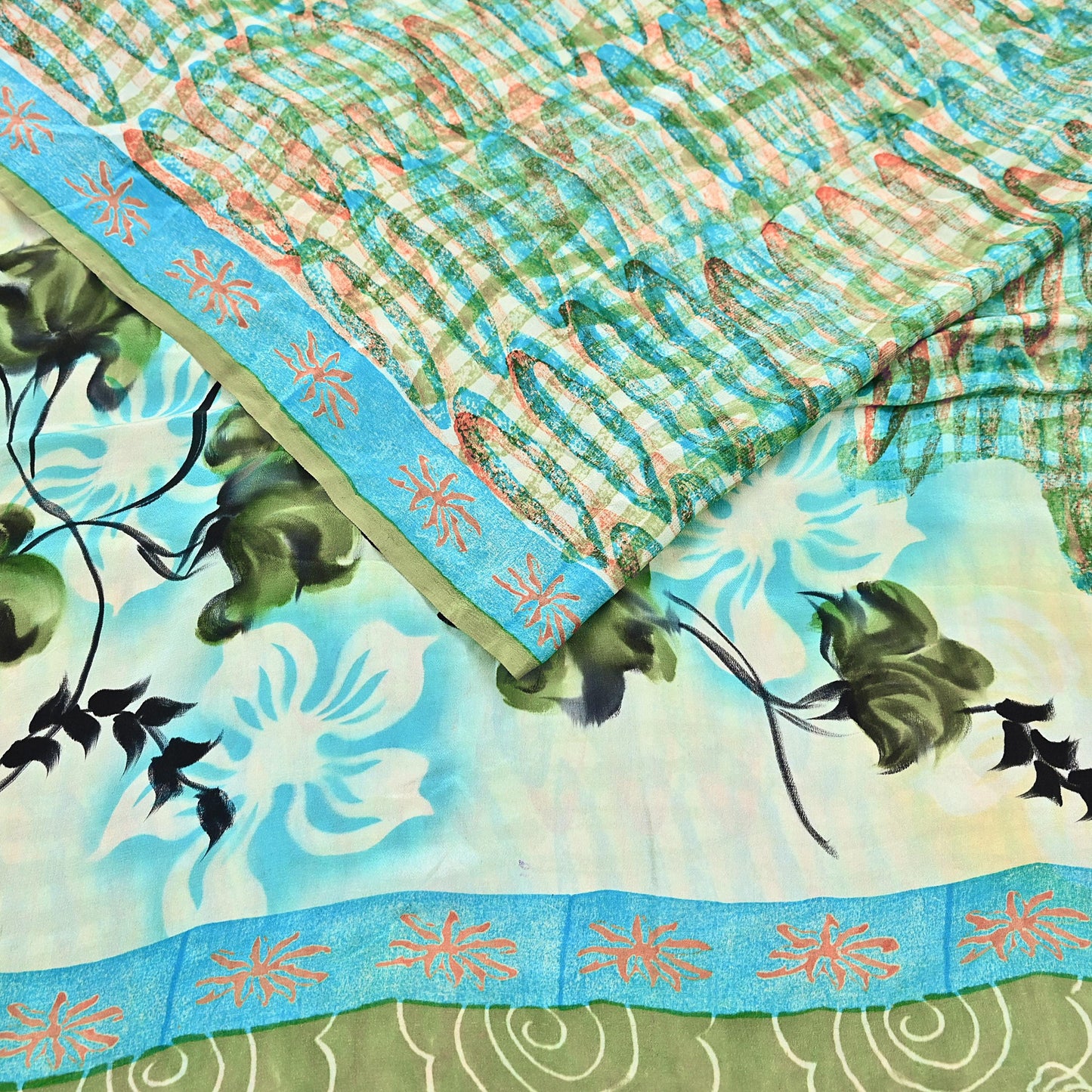 Indian Vintage Sari Green Pure Crepe Silk Block Printed Sarees 5yd Sewing Floral Craft Fabric Wrap Dress Making Crafting Quilting Upcycle