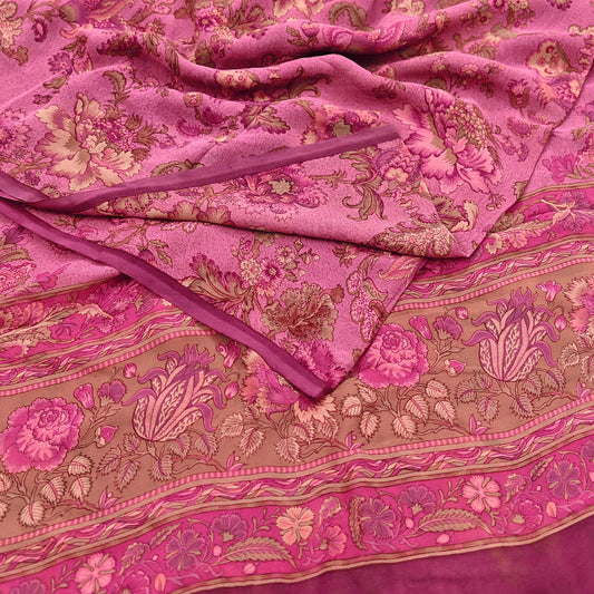 Indian Vintage Sari Pink 100% Pure Georgette Silk Printed Sarees Sewing 5yd Craft Soft Dress Designing for Crafting Floral Quilting Upcycle