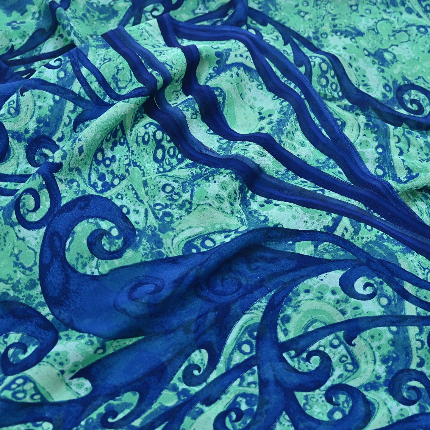 Indian Vintage Sari Blue & Green 100% Pure Georgette Silk Printed Sarees Sewing 5yd Craft Soft Dress Designing for Crafting Abstract