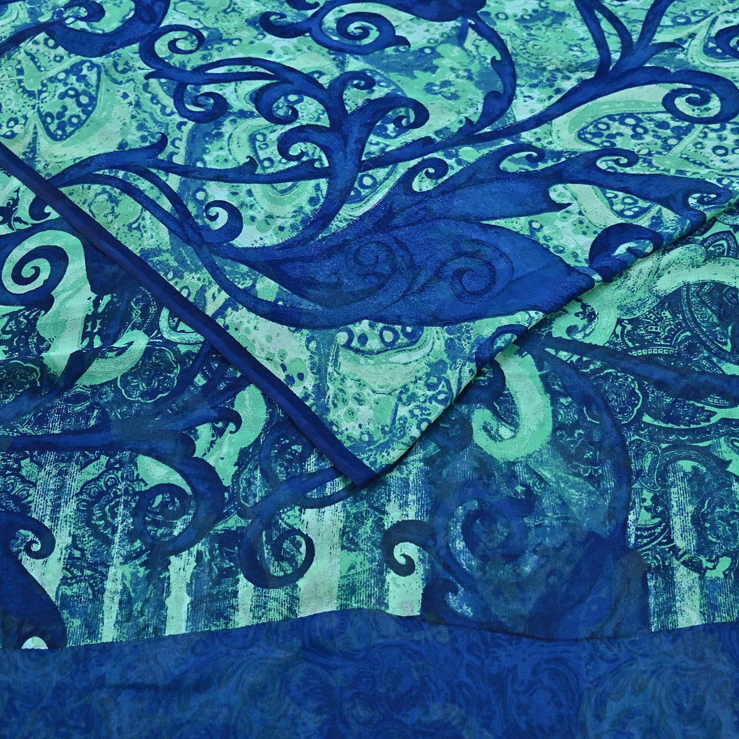 Indian Vintage Sari Blue & Green 100% Pure Georgette Silk Printed Sarees Sewing 5yd Craft Soft Dress Designing for Crafting Abstract