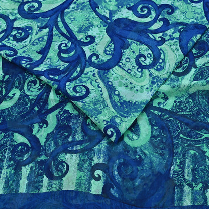 Indian Vintage Sari Blue & Green 100% Pure Georgette Silk Printed Sarees Sewing 5yd Craft Soft Dress Designing for Crafting Abstract