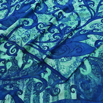 Indian Vintage Sari Blue & Green 100% Pure Georgette Silk Printed Sarees Sewing 5yd Craft Soft Dress Designing for Crafting Abstract