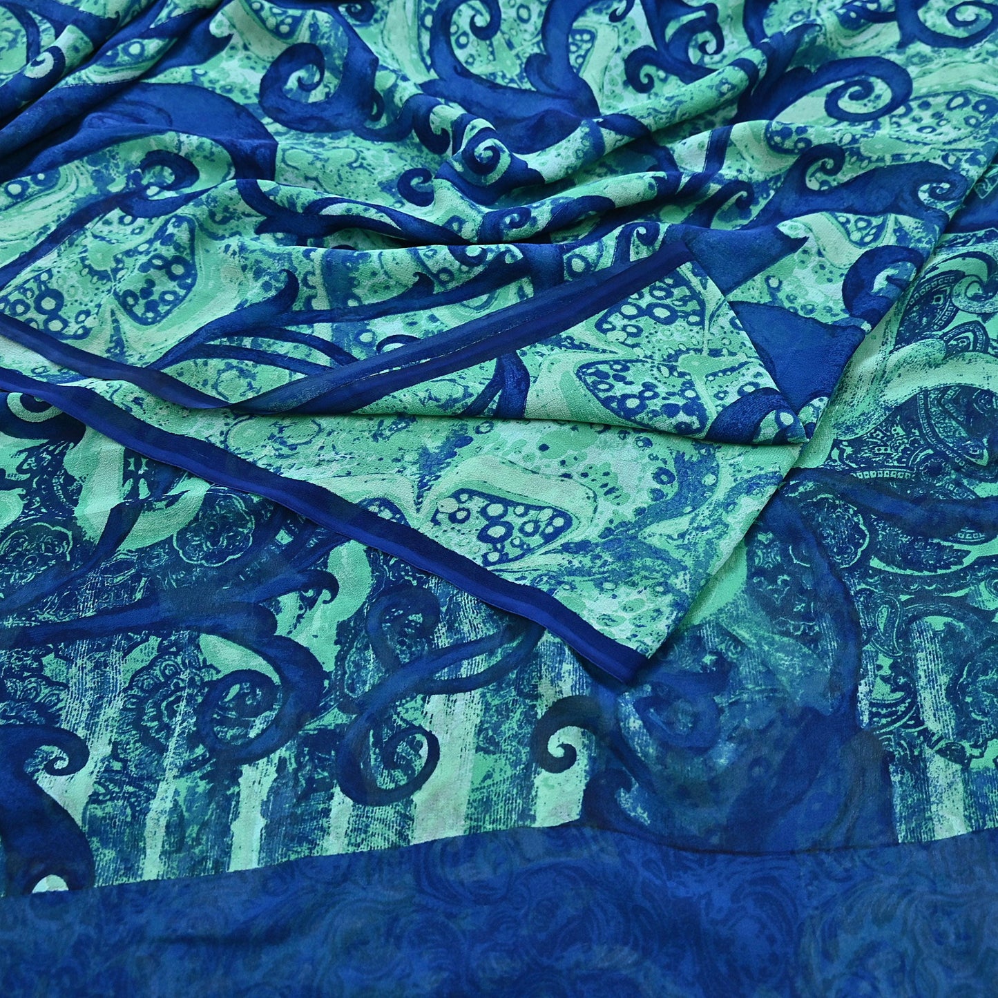 Indian Vintage Sari Blue & Green 100% Pure Georgette Silk Printed Sarees Sewing 5yd Craft Soft Dress Designing for Crafting Abstract