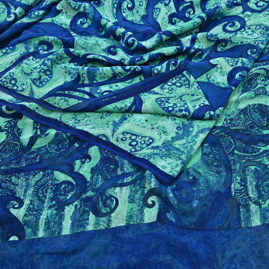 Indian Vintage Sari Blue & Green 100% Pure Georgette Silk Printed Sarees Sewing 5yd Craft Soft Dress Designing for Crafting Abstract