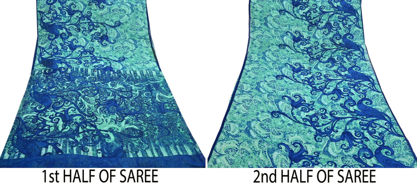 Indian Vintage Sari Blue & Green 100% Pure Georgette Silk Printed Sarees Sewing 5yd Craft Soft Dress Designing for Crafting Abstract