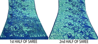 Indian Vintage Sari Blue & Green 100% Pure Georgette Silk Printed Sarees Sewing 5yd Craft Soft Dress Designing for Crafting Abstract