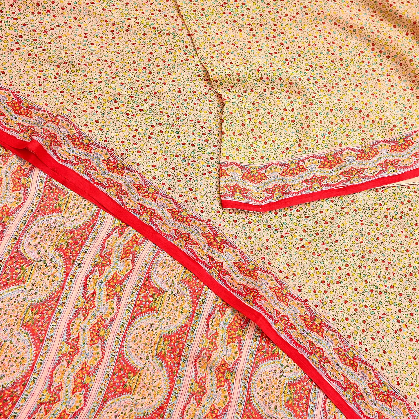 Indian Vintage Sari Peach & red Pure Chiffon Silk Printed Sarees Craft Fabric Sewing 5Yd Soft Light Sari Dress Making Quilting Upcycle