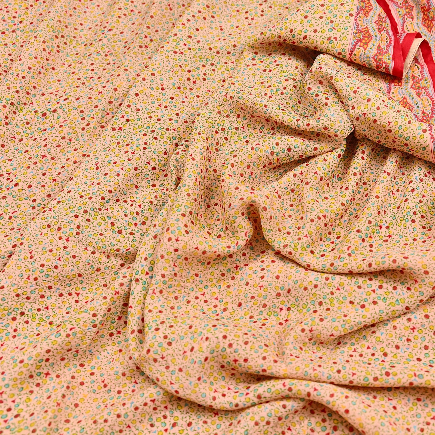 Indian Vintage Sari Peach & red Pure Chiffon Silk Printed Sarees Craft Fabric Sewing 5Yd Soft Light Sari Dress Making Quilting Upcycle