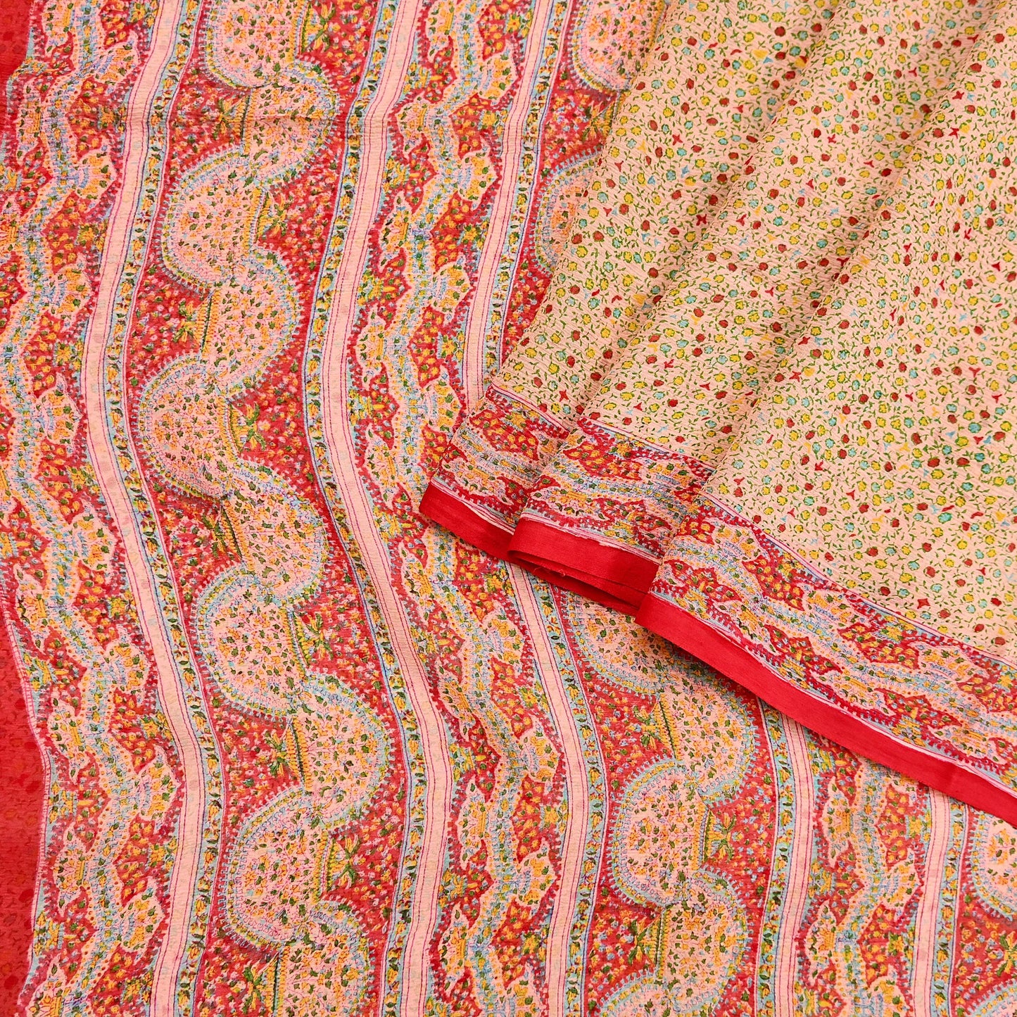 Indian Vintage Sari Peach & red Pure Chiffon Silk Printed Sarees Craft Fabric Sewing 5Yd Soft Light Sari Dress Making Quilting Upcycle