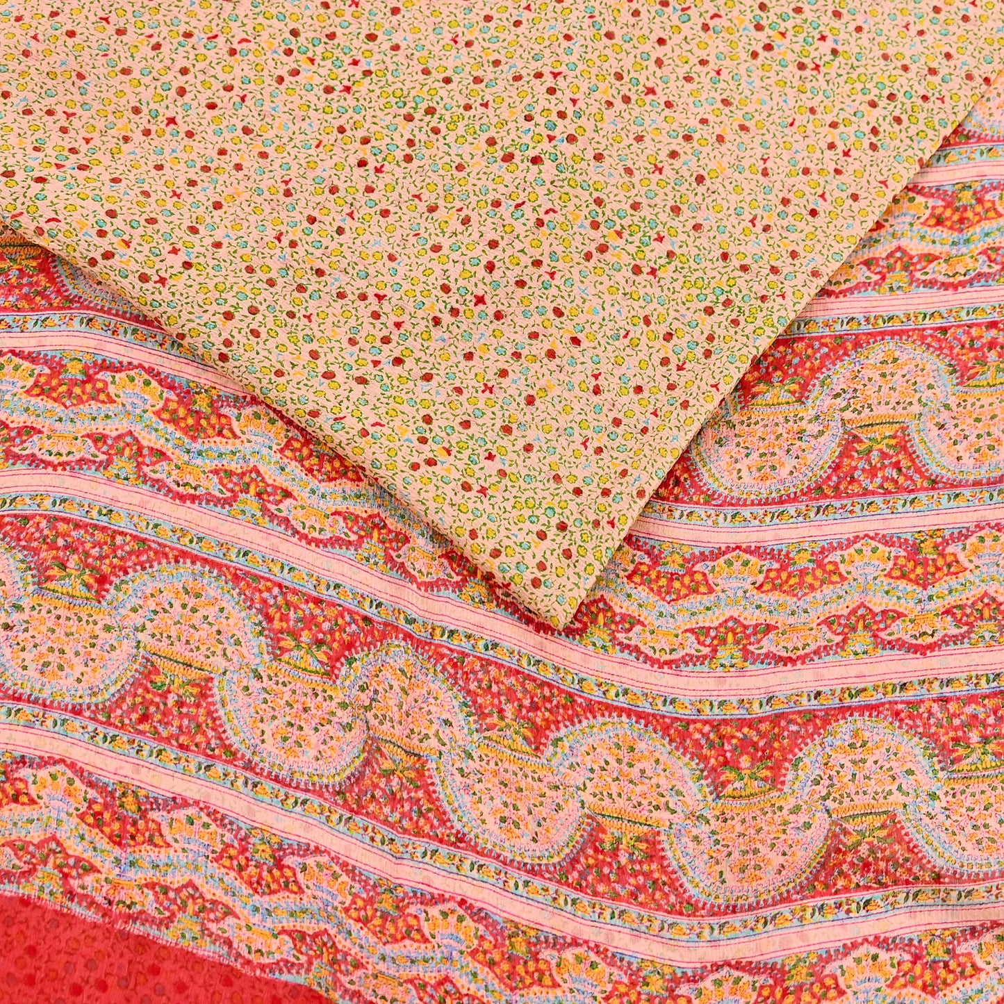 Indian Vintage Sari Peach & red Pure Chiffon Silk Printed Sarees Craft Fabric Sewing 5Yd Soft Light Sari Dress Making Quilting Upcycle