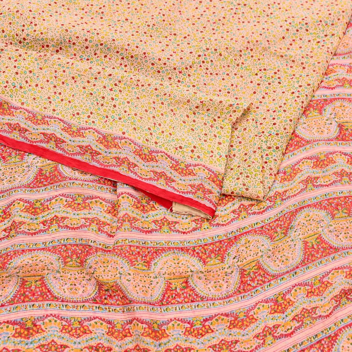 Indian Vintage Sari Peach & red Pure Chiffon Silk Printed Sarees Craft Fabric Sewing 5Yd Soft Light Sari Dress Making Quilting Upcycle