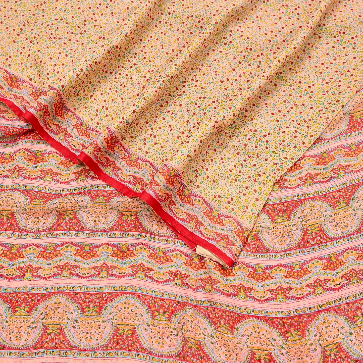 Indian Vintage Sari Peach & red Pure Chiffon Silk Printed Sarees Craft Fabric Sewing 5Yd Soft Light Sari Dress Making Quilting Upcycle