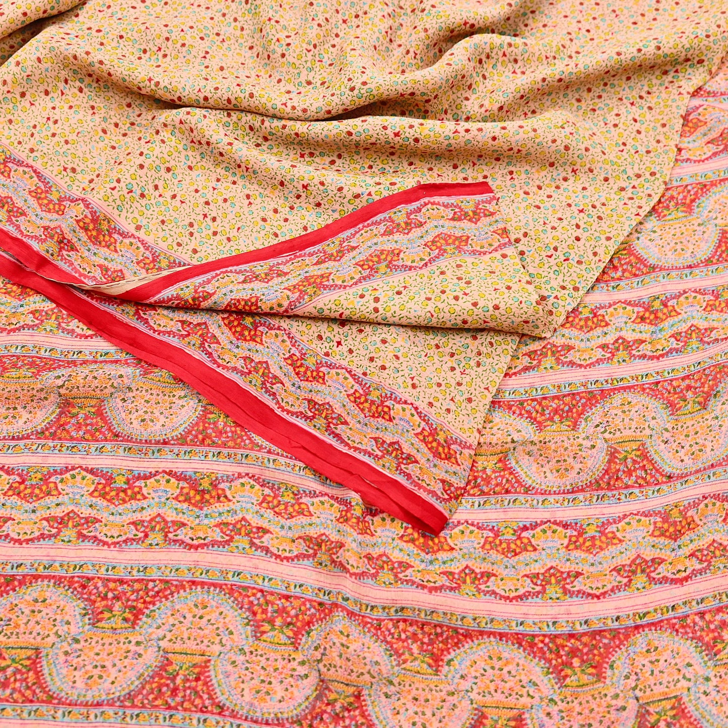 Indian Vintage Sari Peach & red Pure Chiffon Silk Printed Sarees Craft Fabric Sewing 5Yd Soft Light Sari Dress Making Quilting Upcycle
