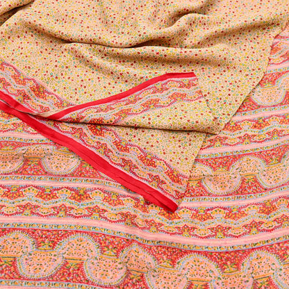 Indian Vintage Sari Peach & red Pure Chiffon Silk Printed Sarees Craft Fabric Sewing 5Yd Soft Light Sari Dress Making Quilting Upcycle
