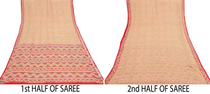 Indian Vintage Sari Peach & red Pure Chiffon Silk Printed Sarees Craft Fabric Sewing 5Yd Soft Light Sari Dress Making Quilting Upcycle