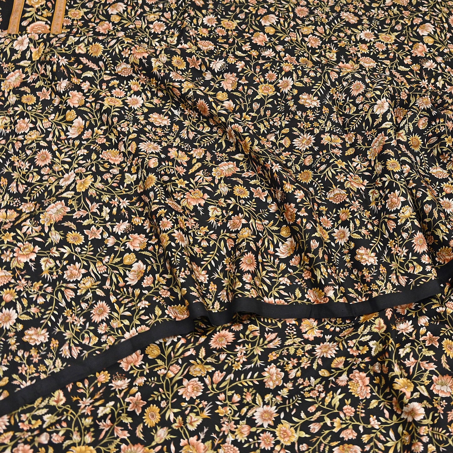 Vintage Sari Black Pure Silk Printed Saree Craft Fabric 6yard Sewing Floral Soft Dress Designing for Crafting Upcycle Quilting