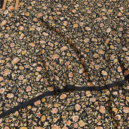 Vintage Sari Black Pure Silk Printed Saree Craft Fabric 6yard Sewing Floral Soft Dress Designing for Crafting Upcycle Quilting
