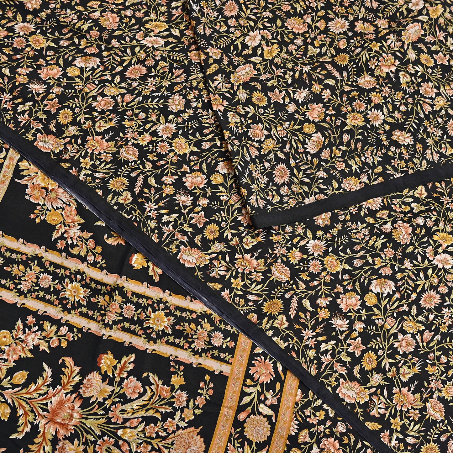 Vintage Sari Black Pure Silk Printed Saree Craft Fabric 6yard Sewing Floral Soft Dress Designing for Crafting Upcycle Quilting