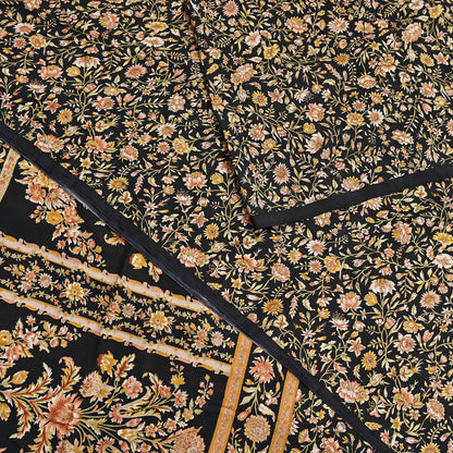 Vintage Sari Black Pure Silk Printed Saree Craft Fabric 6yard Sewing Floral Soft Dress Designing for Crafting Upcycle Quilting