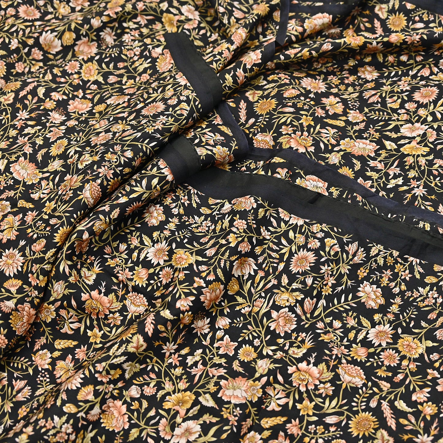 Vintage Sari Black Pure Silk Printed Saree Craft Fabric 6yard Sewing Floral Soft Dress Designing for Crafting Upcycle Quilting